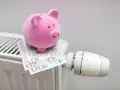 Różowa świnka-skarbonka na grzejniku z polskimi banknotami. Oszczędzanie na ogrzewaniu, może w ramach bonu energetycznego 2026.
