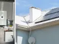 System do magazynowania energii elektrycznej w domu: panele słoneczne na dachu i urządzenia do zarządzania energią na ścianie.