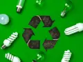 Symbol recyklingu otoczony różnymi rodzajami żarówek. Pamiętaj, gdzie wyrzucać baterie i żarówki, by dbać o planetę.