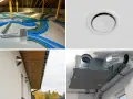 Instalacja rekuperacji z klimatyzacją: przewody w poddaszu, nawiewnik sufitowy, czerpnie/wyrzutnie ścienne i centrala wentylacyjna.
