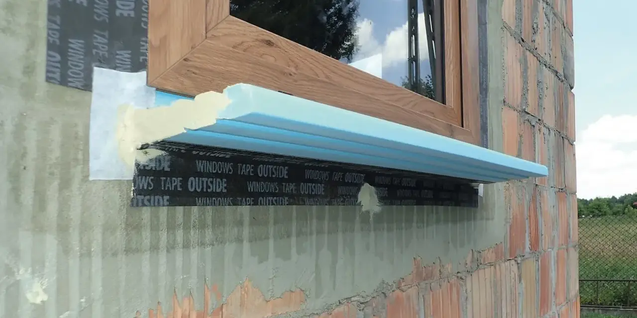 Fragment okna w trakcie ciepłego montażu. Widoczna taśma uszczelniająca i izolacja pod parapetem.