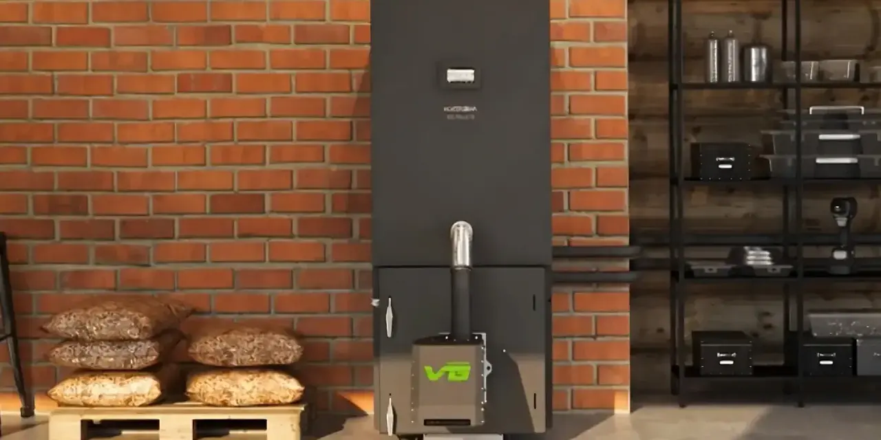 Nowoczesny piec na pellet z zielonym logo VG. Obok paleta z workami pelletu. Dofinansowanie do pieca na pellet może być Twoje!