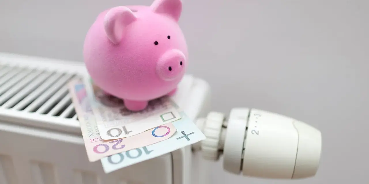 Różowa świnka-skarbonka na grzejniku z polskimi banknotami. Oszczędzanie na ogrzewaniu, może w ramach bonu energetycznego 2026.