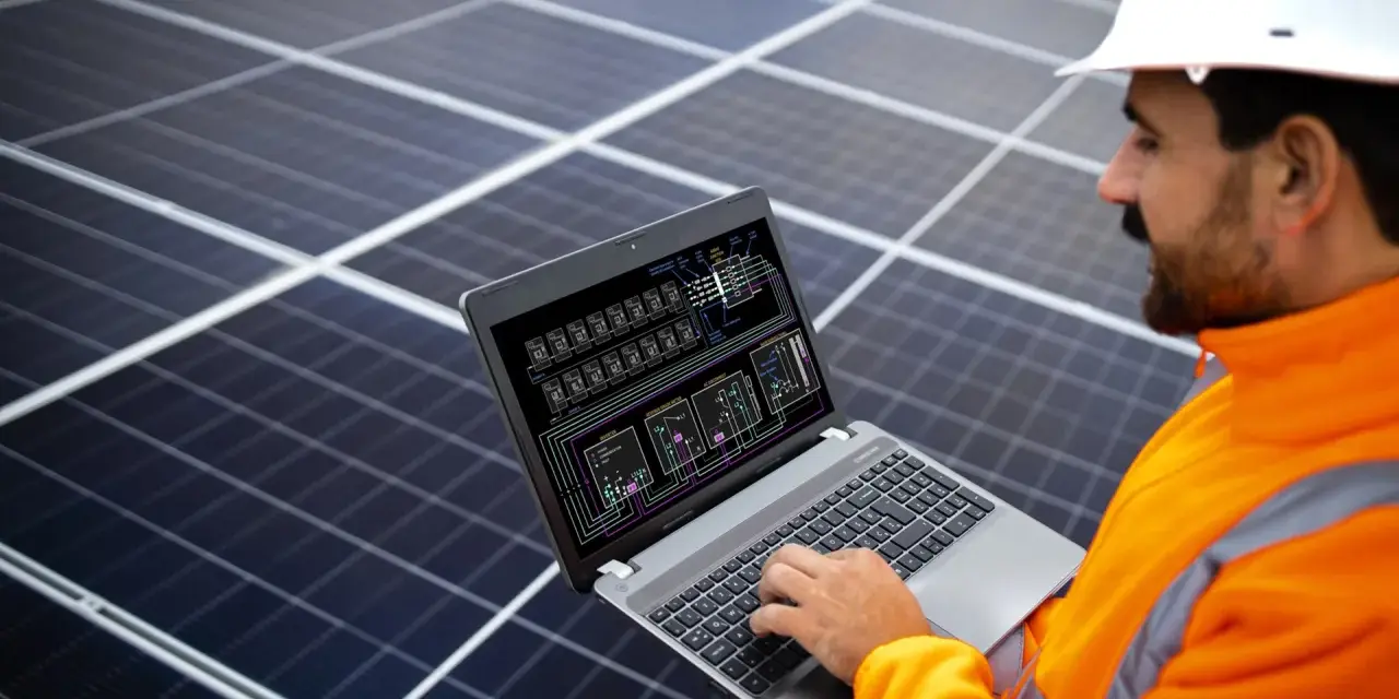 Inżynier w kasku i kamizelce odblaskowej dokonuje przeglądu instalacji fotowoltaicznej, analizując schemat na laptopie.