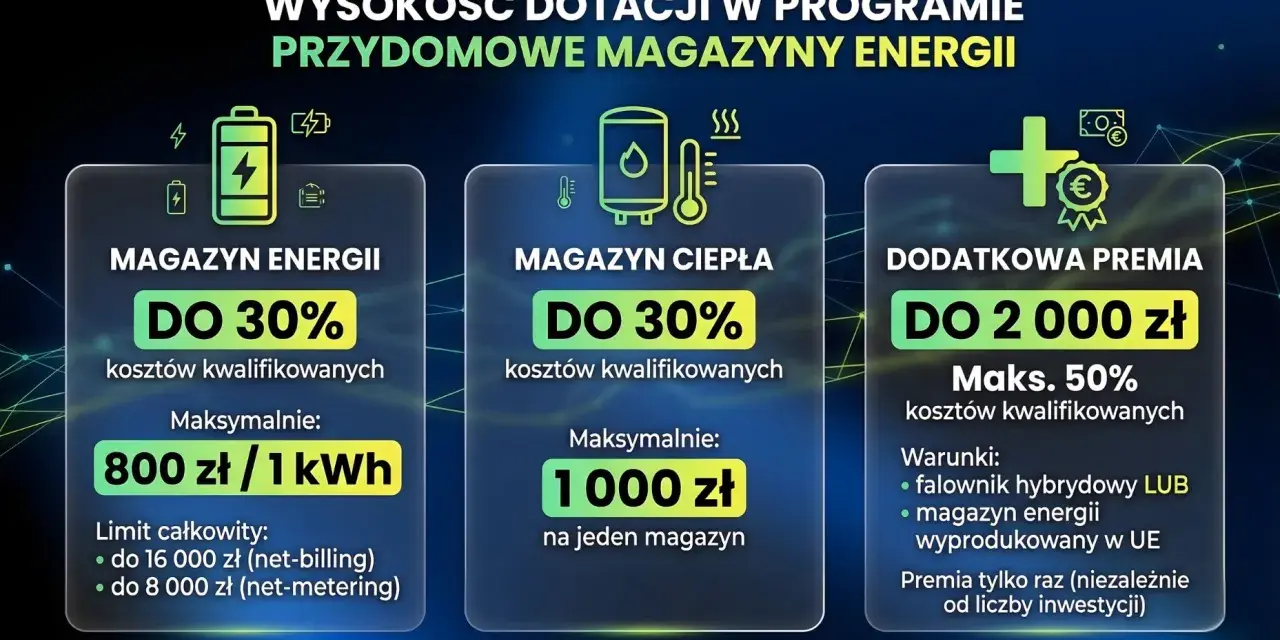 Dofinansowanie do magazynu energii: do 30% kosztów, maks. 800 zł/kWh. Dodatkowa premia do 2000 zł.