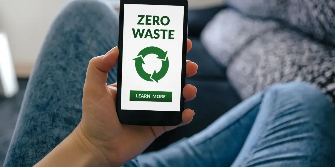 Dłoń trzyma smartfon z ekranem aplikacji zero waste. Zielony symbol recyklingu i przycisk "Learn More" zachęcają do ekologicznych działań.