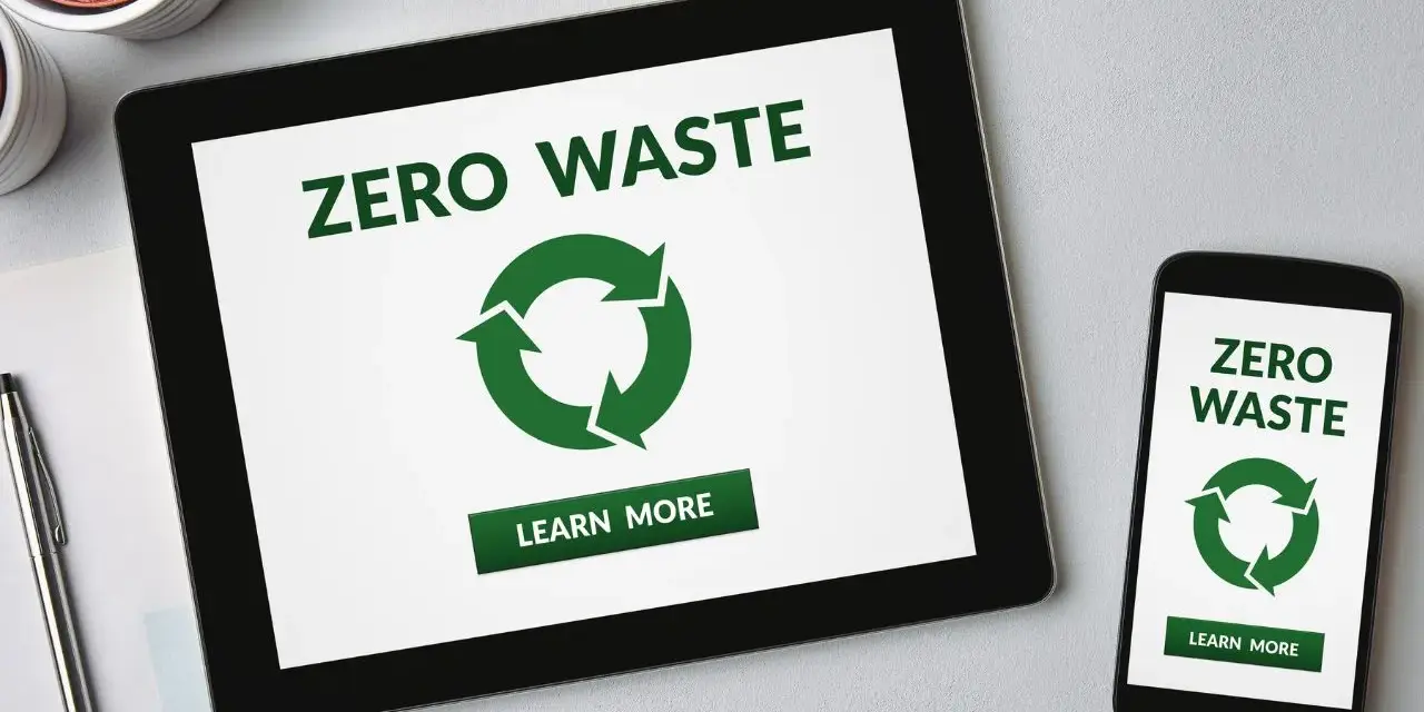 Tablet i smartfon pokazują hasło "ZERO WASTE" i symbol recyklingu. Dyskutujemy o rodzajach opakowań przyjaznych środowisku.