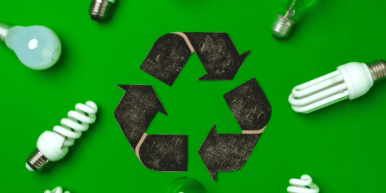 Symbol recyklingu otoczony różnymi rodzajami żarówek. Pamiętaj, gdzie wyrzucać baterie i żarówki, by dbać o planetę.