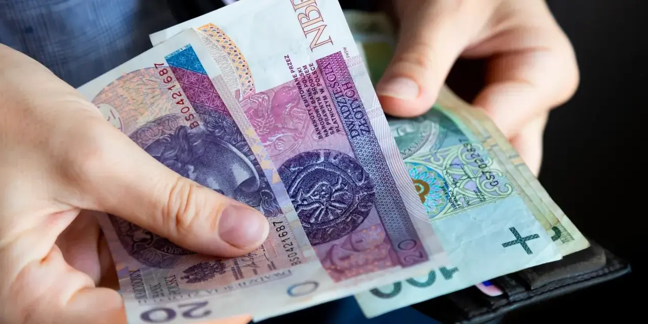 Dłonie trzymają polskie banknoty 20 zł i 100 zł, gotowe do zapłaty. Może to być część wypłaty ryczałtu energetycznego.