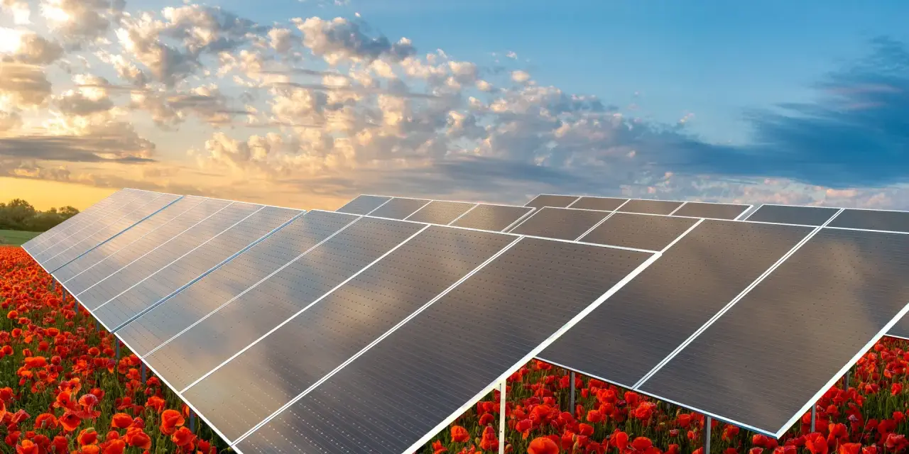 Panele słoneczne na tle kwitnących maków pokazują, jak działa elektrownia słoneczna, przekształcając światło w czystą energię.
