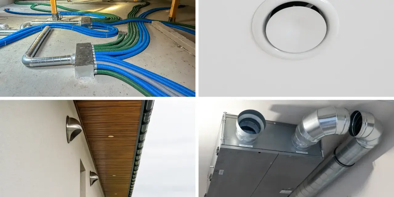Instalacja rekuperacji z klimatyzacją: przewody w poddaszu, nawiewnik sufitowy, czerpnie/wyrzutnie ścienne i centrala wentylacyjna.