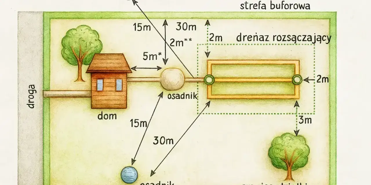 Schemat przydomowej oczyszczalni ścieków: dom, osadnik, drenaż rozsączający, studnia i drzewa na działce z zachowaniem odległości.