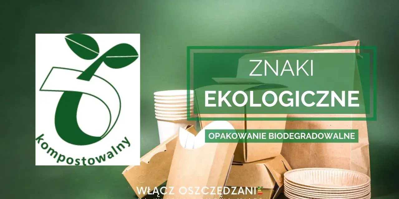 Ekologiczne opakowania biodegradowalne, kubeczki i pudełka z papieru. Znak "kompostowalny" i hasło "Włącz oszczędzanie".