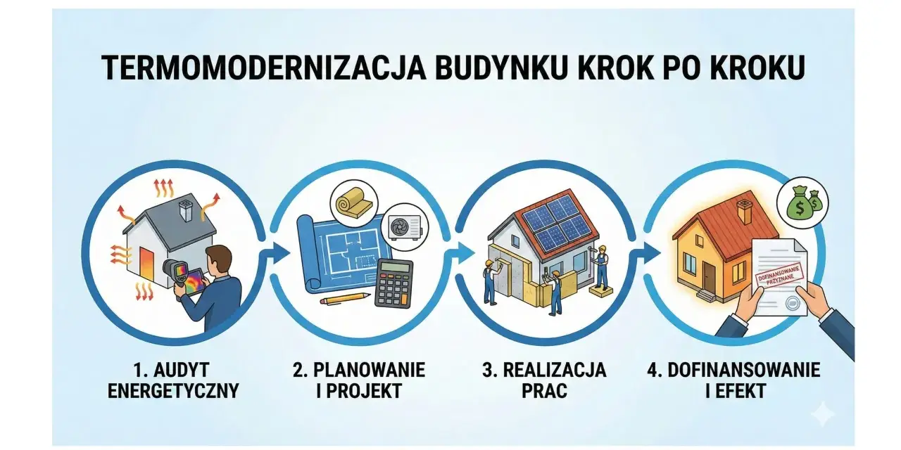 Proces termomodernizacji budynku krok po kroku: audyt, planowanie, realizacja prac, dofinansowanie i efekt.
