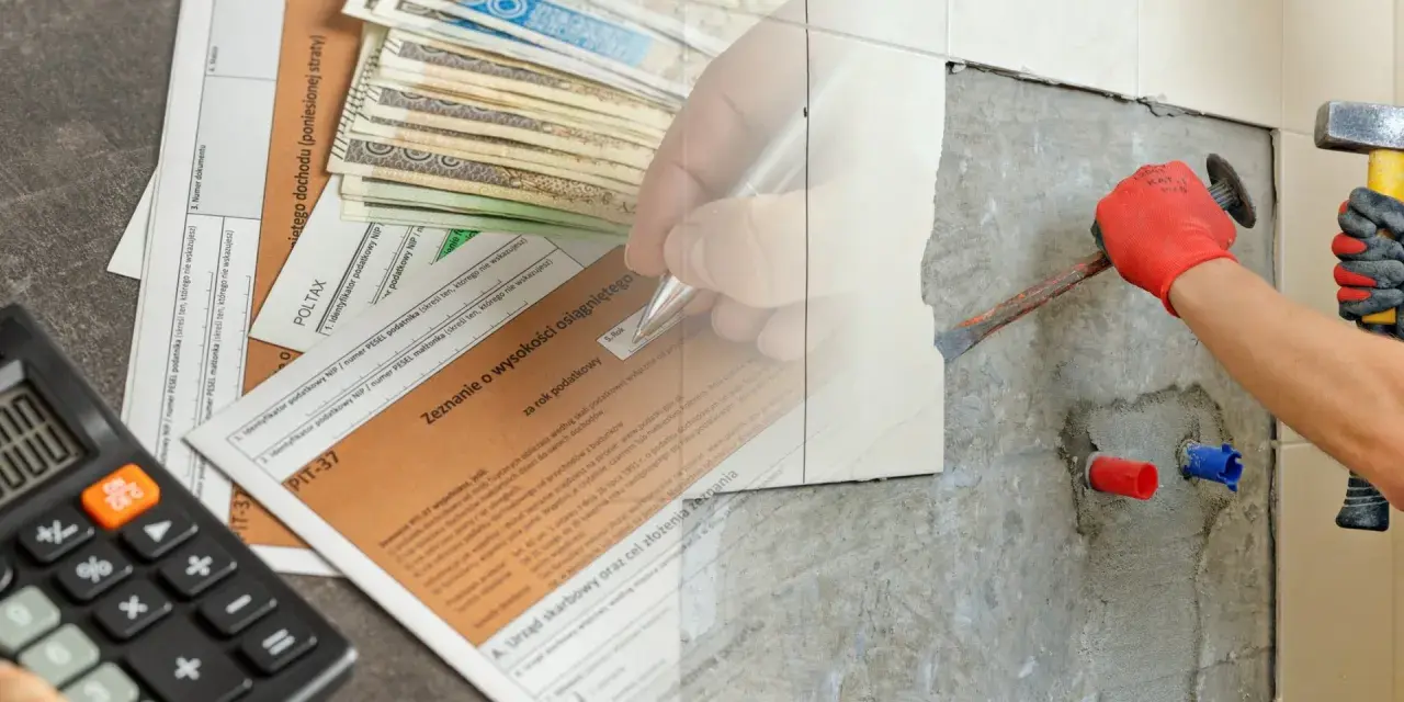 Rozliczenie PIT-37 z pieniędzmi i kalkulatorem, obok trwa remont. Odliczenie remontu od podatku jest możliwe.