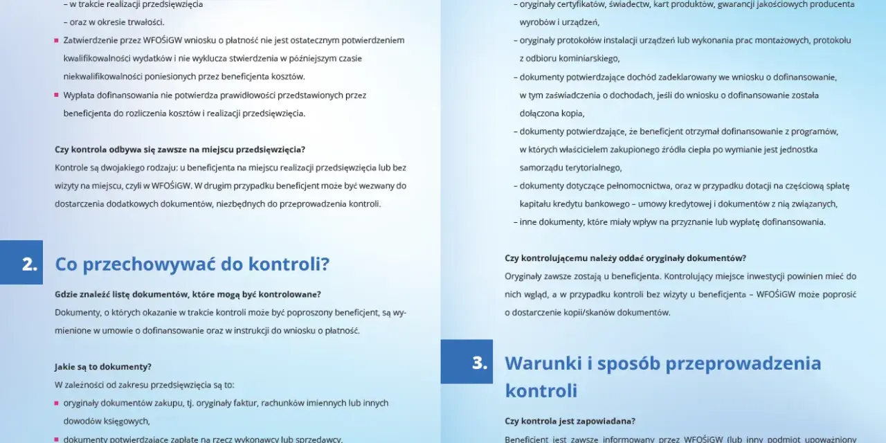Dokumenty do kontroli: faktury, dowody zapłaty, certyfikaty, protokoły. Czyste powietrze i wypłata środków wymagają dokumentacji.