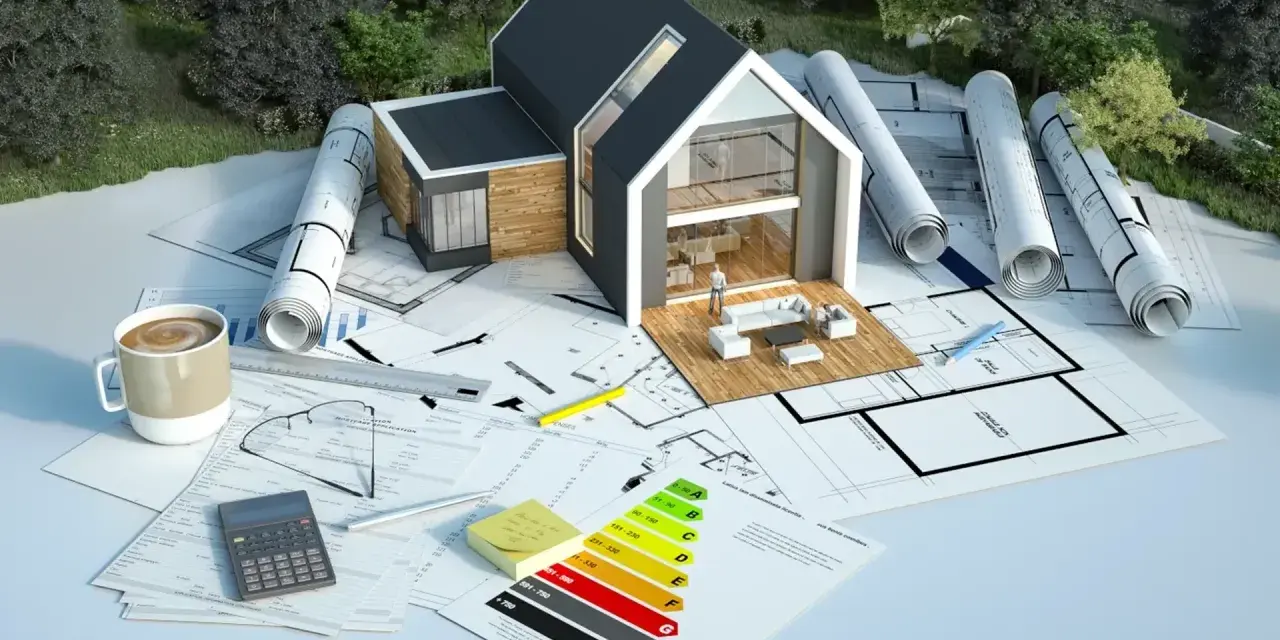 Projekt domu z energooszczędnym ogrzewaniem elektrycznym. Na stole plany, kalkulator i certyfikat energetyczny.