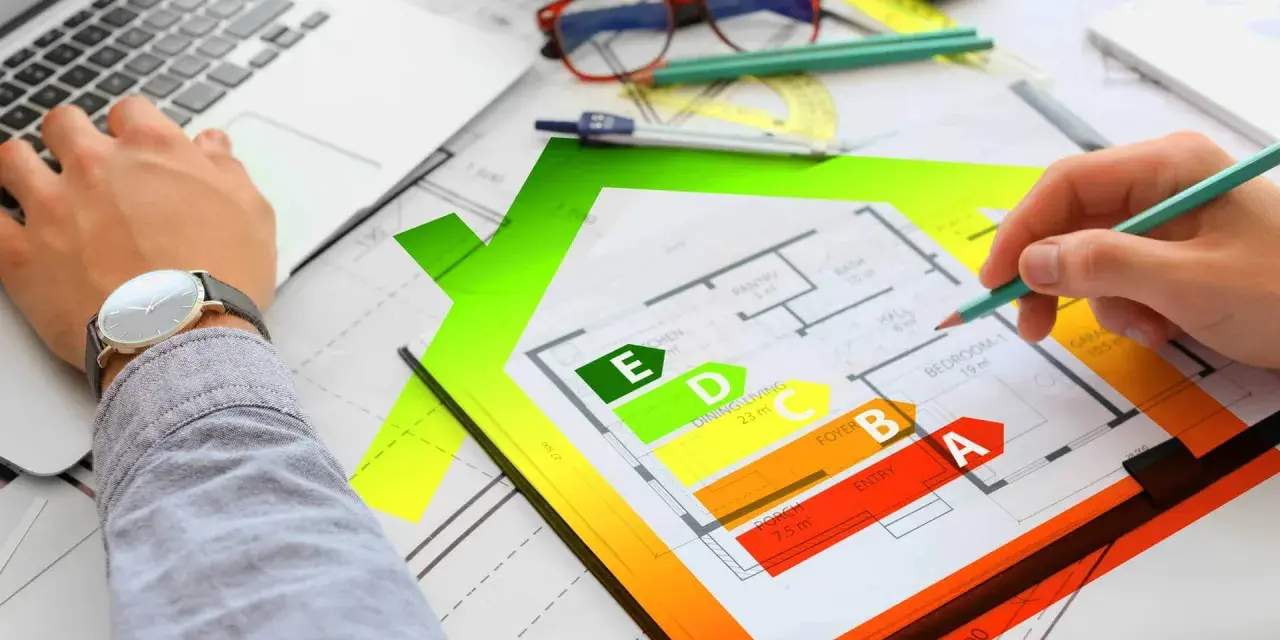 Rysunek domu z klasyfikacją energetyczną od A do E. Inżynier analizuje projekt, przygotowując świadectwo energetyczne.