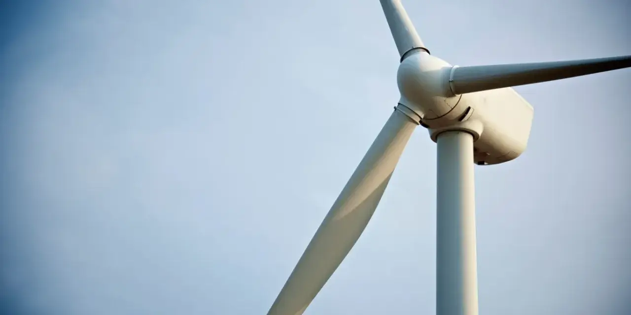 Biały wiatrak elektrownia na tle błękitnego nieba. Jego łopaty obracają się, czerpiąc energię z wiatru.