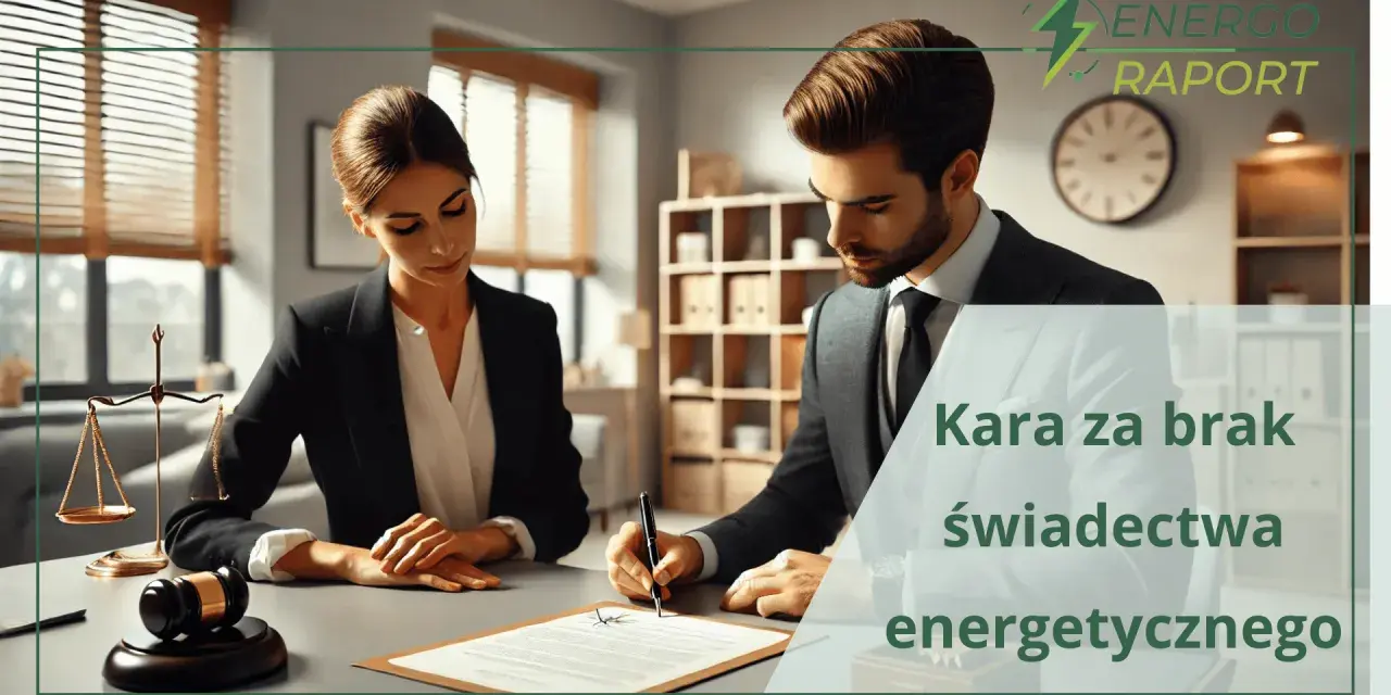 Prawnicy analizują dokumenty, gdzie uzyskać świadectwo charakterystyki energetycznej. Logo "Energoraport" i tekst "Kara za brak świadectwa energetycznego".