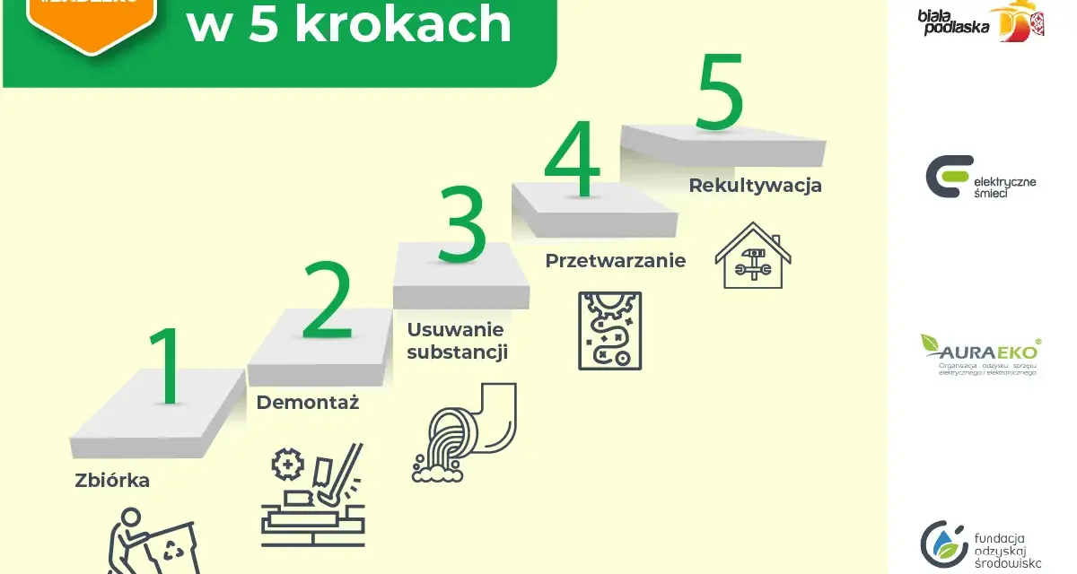 Kampania #Badzeko wyjaśnia, recykling co to jest, w 5 krokach: zbiórka, demontaż, usuwanie substancji, przetwarzanie i rekultywacja.