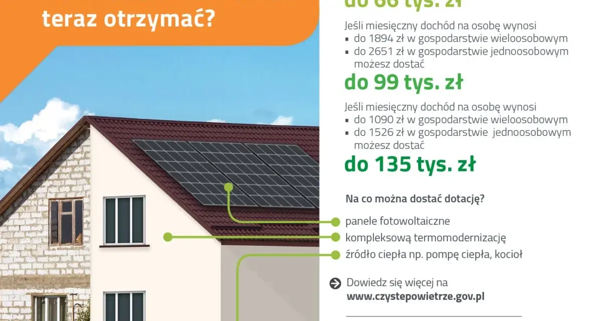 Program Czyste Powietrze: dotacje na panele, termomodernizację i źródła ciepła. Sprawdź wymagania dochodowe i zawnioskuj o dofinansowanie.