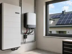 Nowoczesny magazyn energii i falownik, gotowe do instalacji najlepszej fotowoltaiki. Za oknem widać dom z panelami słonecznymi na dachu.
