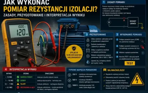 Pomiary instalacji fotowoltaicznej: multimetr mierzy rezystancję izolacji silnika elektrycznego, pokazując 120 MΩ. Instrukcja wyjaśnia zasady, przygotowanie i interpretację wyników.