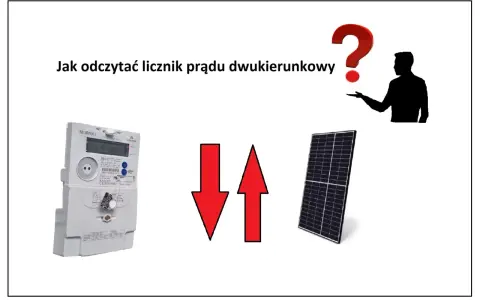 Licznik dwukierunkowy Tauron, panel słoneczny i strzałki pokazujące przepływ energii. Jak odczytać licznik?