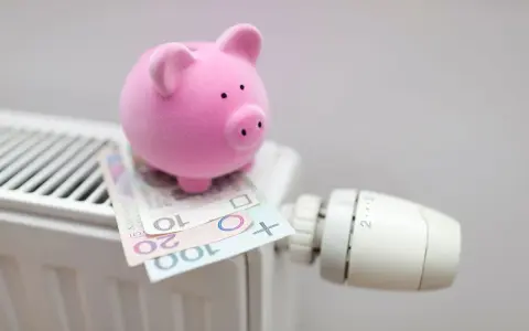 Różowa świnka-skarbonka na grzejniku z polskimi banknotami. Oszczędzanie na ogrzewaniu, może w ramach bonu energetycznego 2026.