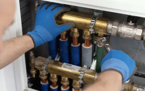 Instalator w niebieskich rękawiczkach dokręca kluczem mosiężny rozdzielacz, zapewniając prawidłowe odwodnienie domu.