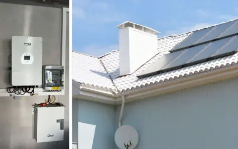 System do magazynowania energii elektrycznej w domu: panele słoneczne na dachu i urządzenia do zarządzania energią na ścianie.