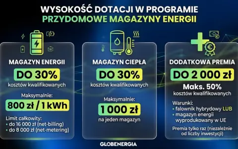 Dofinansowanie do magazynu energii: do 30% kosztów, maks. 800 zł/kWh. Dodatkowa premia do 2000 zł.