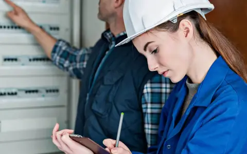 Młoda elektryczka w białym kasku i niebieskim kombinezonie notuje dane, podczas gdy kolega wskazuje na rozdzielnicę. Potwierdzenie kwalifikacji, certyfikat elektryczny w tle.