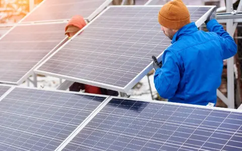 Pracownicy montują panele fotowoltaiczne. W tle widać śnieg i słońce. Utylizacja paneli fotowoltaicznych to ważny etap cyklu życia instalacji.