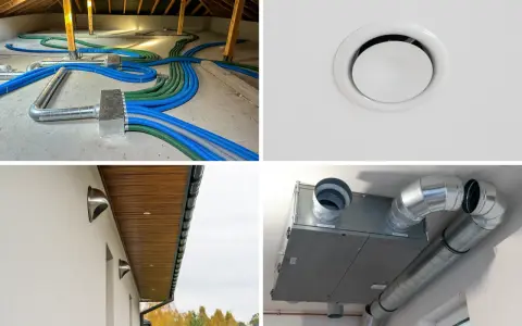 Instalacja rekuperacji z klimatyzacją: przewody w poddaszu, nawiewnik sufitowy, czerpnie/wyrzutnie ścienne i centrala wentylacyjna.