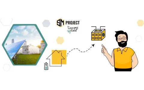 SM Project pokazuje, jak wykorzystać nadmiar energii z fotowoltaiki. Panel słoneczny, magazyn energii i dom połączone strzałką.