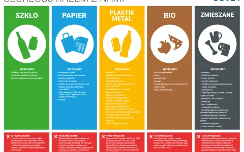 Segregacja na 5 frakcji: szkło, papier, plastik/metal, bio, zmieszane. Dowiedz się, co wrzucać do poszczególnych pojemników.