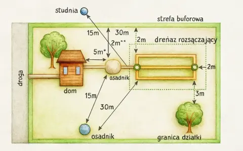 Schemat przydomowej oczyszczalni ścieków: dom, osadnik, drenaż rozsączający, studnia i drzewa na działce z zachowaniem odległości.