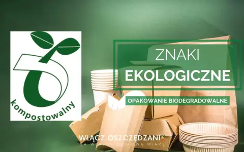 Ekologiczne opakowania biodegradowalne, kubeczki i pudełka z papieru. Znak "kompostowalny" i hasło "Włącz oszczędzanie".