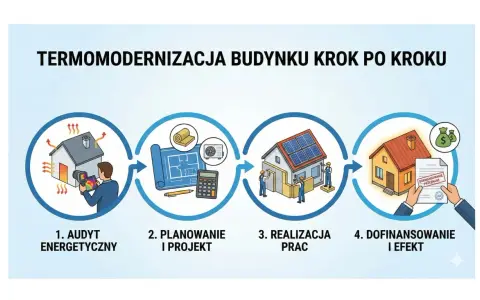 Proces termomodernizacji budynku krok po kroku: audyt, planowanie, realizacja prac, dofinansowanie i efekt.