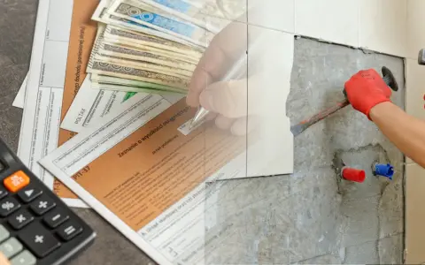 Rozliczenie PIT-37 z pieniędzmi i kalkulatorem, obok trwa remont. Odliczenie remontu od podatku jest możliwe.
