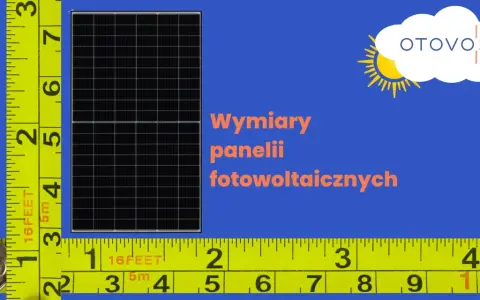 Miarka mierzy wymiary paneli fotowoltaicznych. Logo OTOVO z chmurką i słońcem.