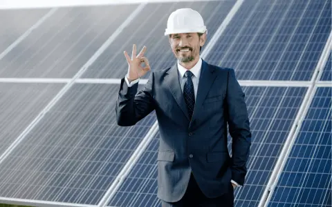 Uśmiechnięty mężczyzna w kasku i garniturze pokazuje znak OK na tle paneli fotowoltaicznych. To symbol efektywnego oddawania energii do sieci.