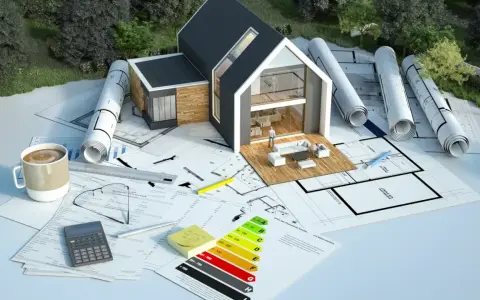 Projekt domu z energooszczędnym ogrzewaniem elektrycznym. Na stole plany, kalkulator i certyfikat energetyczny.