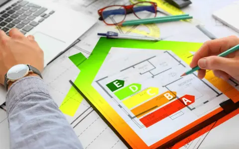 Rysunek domu z klasyfikacją energetyczną od A do E. Inżynier analizuje projekt, przygotowując świadectwo energetyczne.