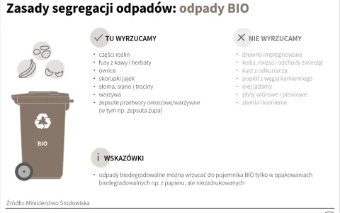 Zasady segregacji odpadów BIO: tu wyrzucamy części roślin, owoce, warzywa. Nie wyrzucamy drewna, kości, kurzu. Pamiętaj o opakowaniach biodegradowalnych.
