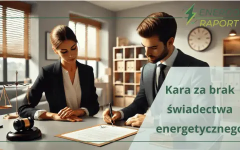 Prawnicy analizują dokumenty, gdzie uzyskać świadectwo charakterystyki energetycznej. Logo "Energoraport" i tekst "Kara za brak świadectwa energetycznego".