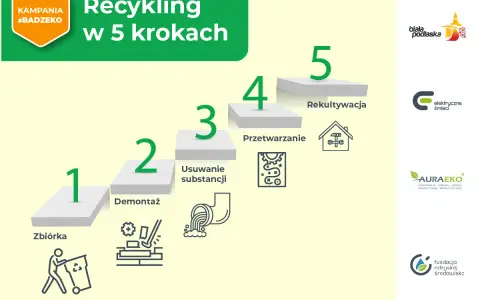 Kampania #Badzeko wyjaśnia, recykling co to jest, w 5 krokach: zbiórka, demontaż, usuwanie substancji, przetwarzanie i rekultywacja.