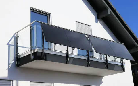 Nowoczesna fotowoltaika na tarasie. Panele słoneczne zamontowane na balustradzie, czerpiące energię ze słońca.